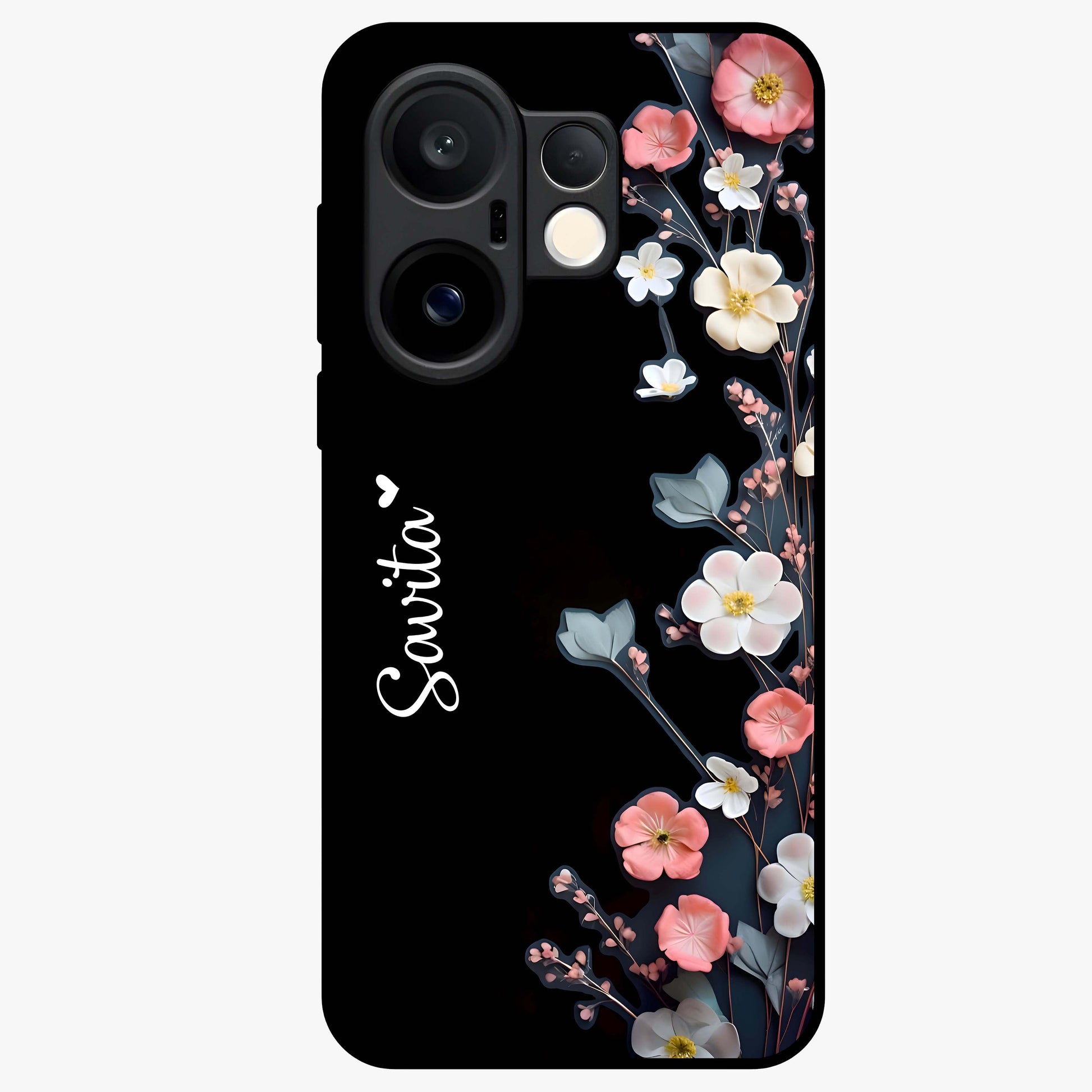 Black Elegance Floral Custom Name Glass Case showing flat back view with elegant floral artwork and personalized name design.