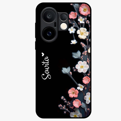 Black Elegance Floral Custom Name Glass Case showing flat back view with elegant floral artwork and personalized name design.