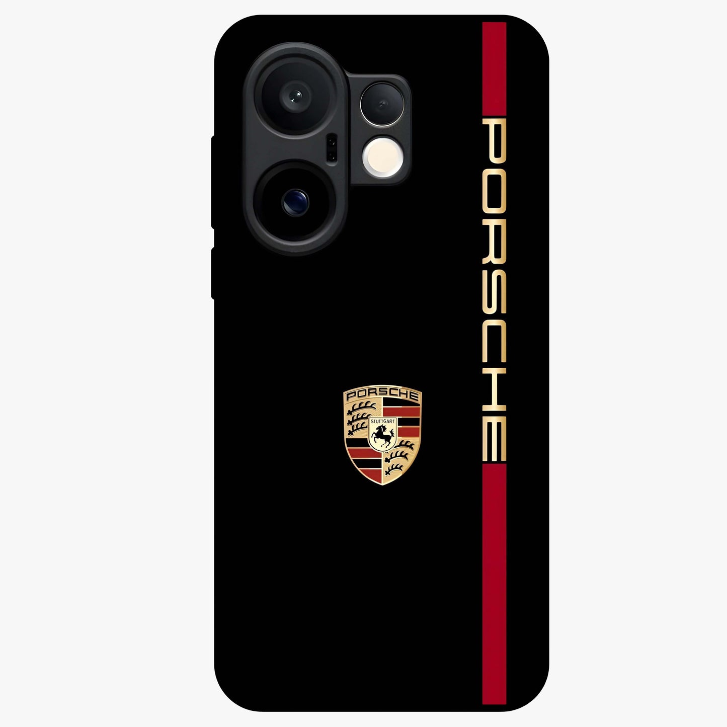 Black Minimal Porsche Glass Case showing flat back view with sleek minimal sports car artwork and glossy glass finish.
