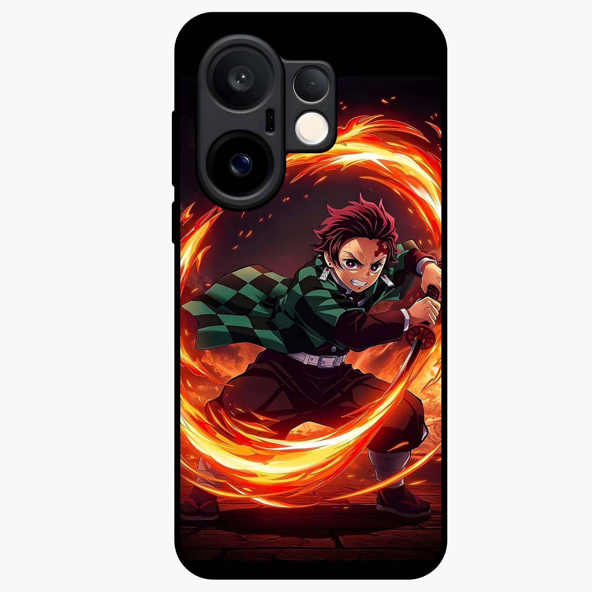 Blazing Sword Resolve Glass Case showing flat back view with fiery sword artwork and glossy glass finish.