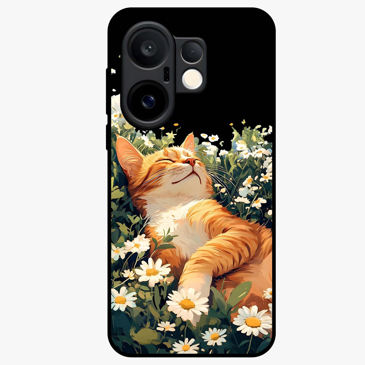 Blissful Bloom Cat Glass Case showing flat back view with cute cat and floral bloom artwork and glossy glass finish.