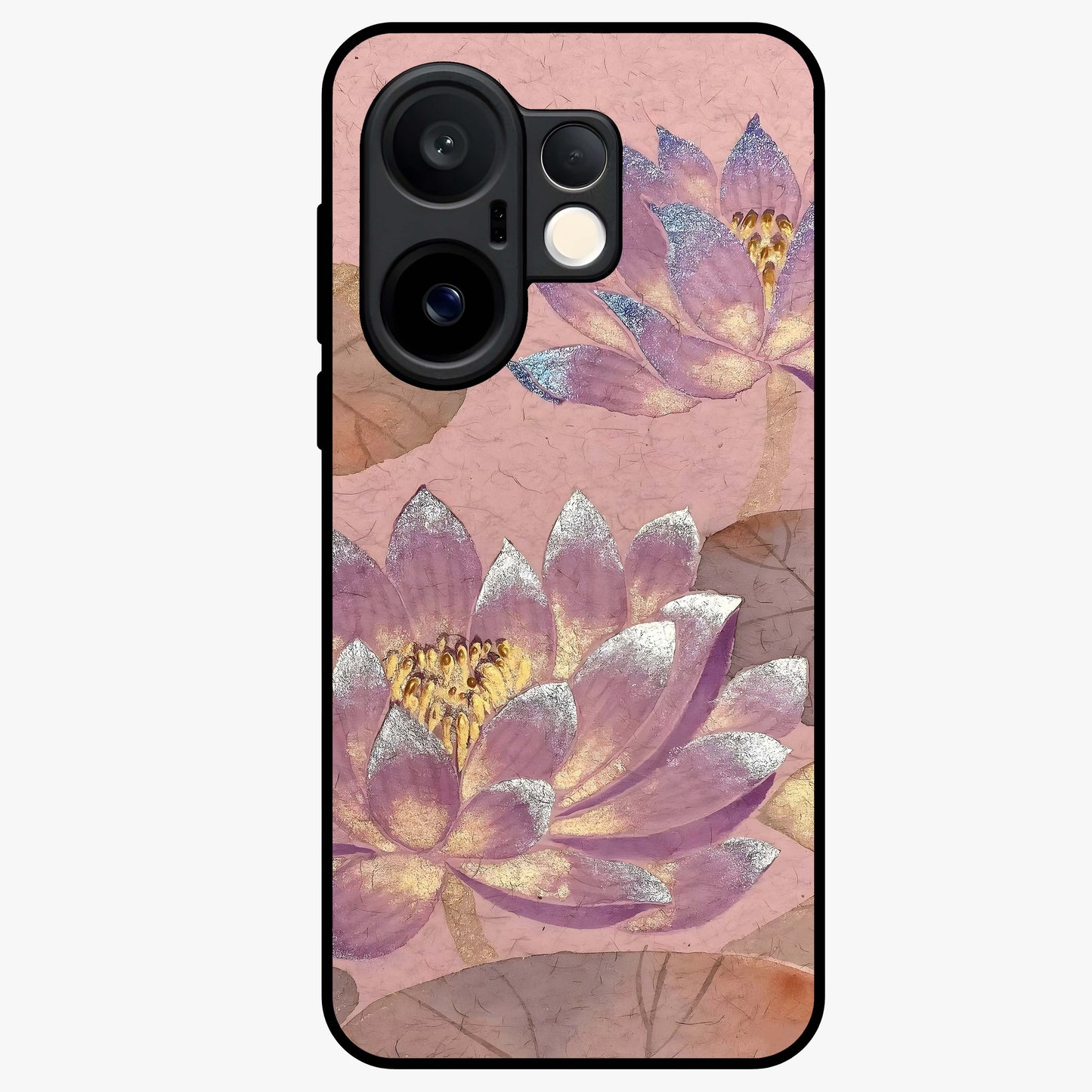 Blossom Mist Lotus Glass Case showing flat back view with serene lotus blossom artwork and glossy glass finish.