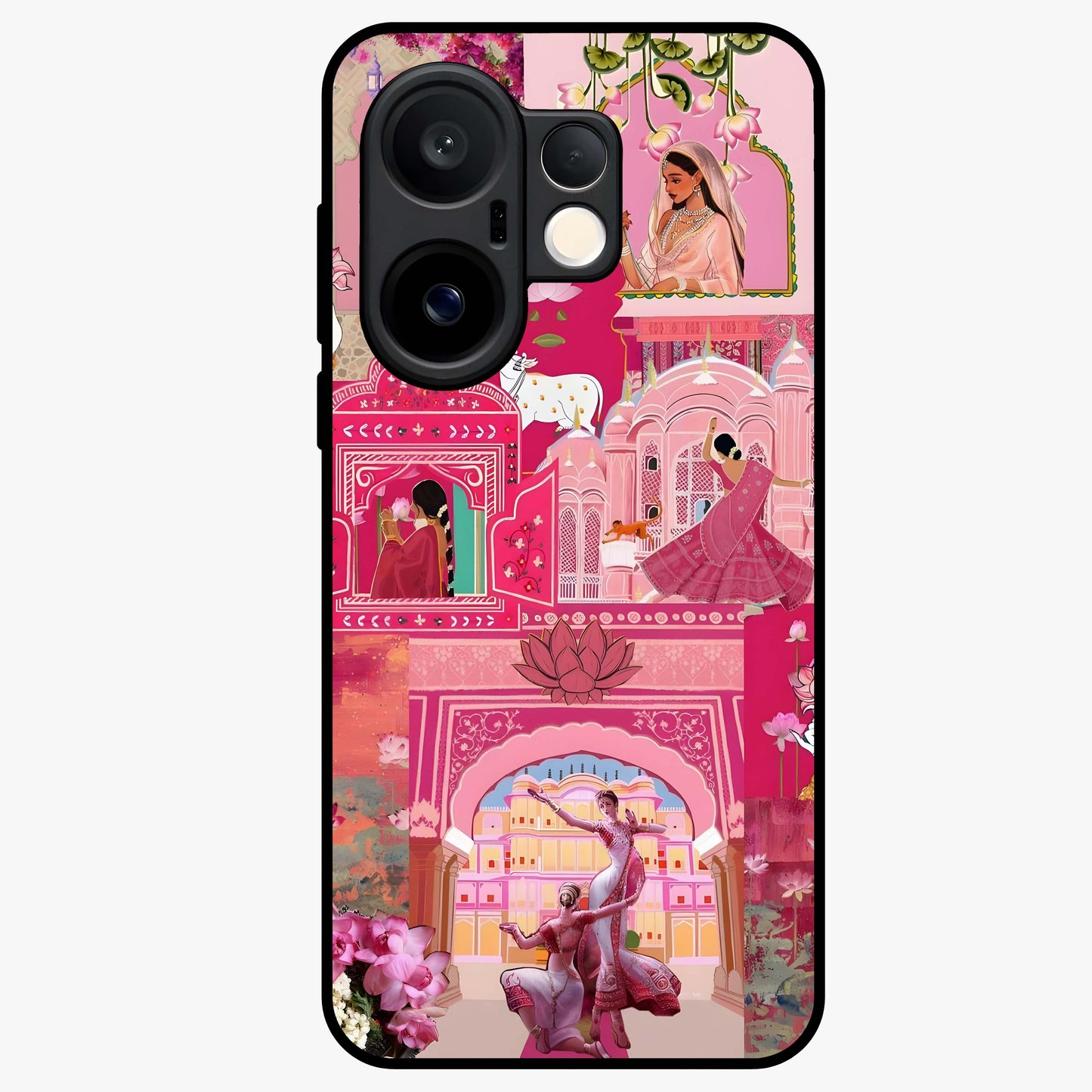 Blossoms of Rajasthan Glass Case showing flat back view with traditional floral artwork inspired by Rajasthan and glossy glass finish.