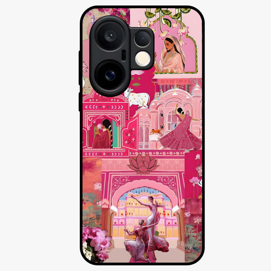 Blossoms of Rajasthan Glass Case showing flat back view with traditional floral artwork inspired by Rajasthan and glossy glass finish.