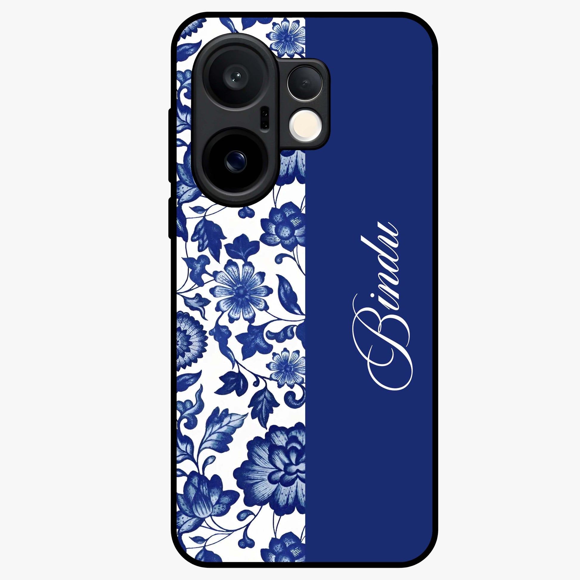 Blue Vintage Floral Pattern Glass Case upright view showcasing timeless floral illustration with vintage inspired style.
