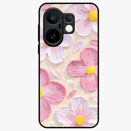 Blush Bloom Texture Glass Case showing flat back view with soft blush floral texture artwork and glossy glass finish.