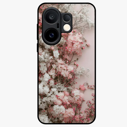 Blush Blossom Cloud Glass Case showing flat back view with dreamy blush cloud blossom artwork and glossy glass finish.