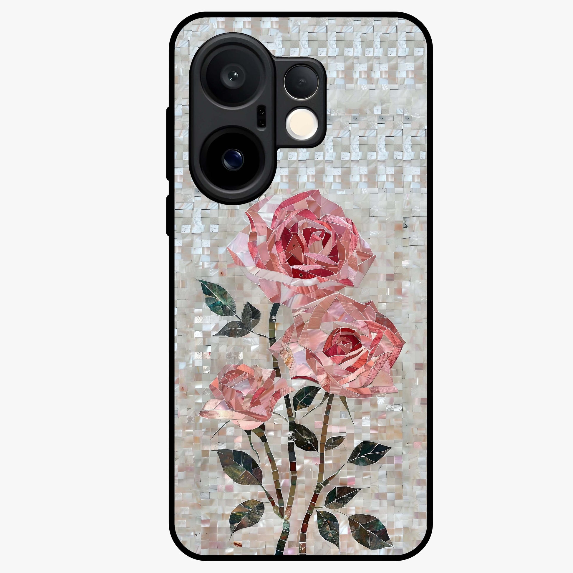 Blush Mosaic Bloom Glass Case showing flat back view with mosaic floral bloom artwork and glossy glass finish.