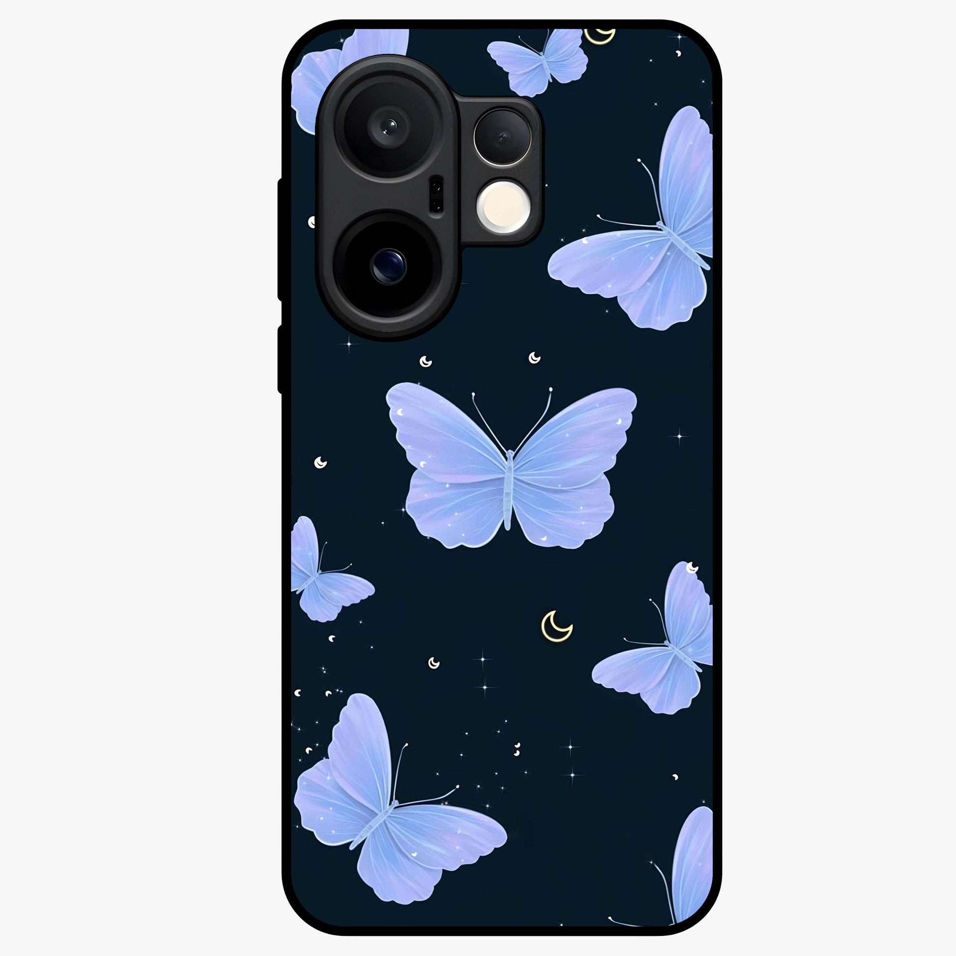 Butterfly With Stars Pattern Glass Case showing flat back view with butterfly and star pattern artwork and glossy glass finish.