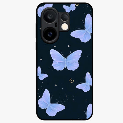 Butterfly With Stars Pattern Glass Case showing flat back view with butterfly and star pattern artwork and glossy glass finish.