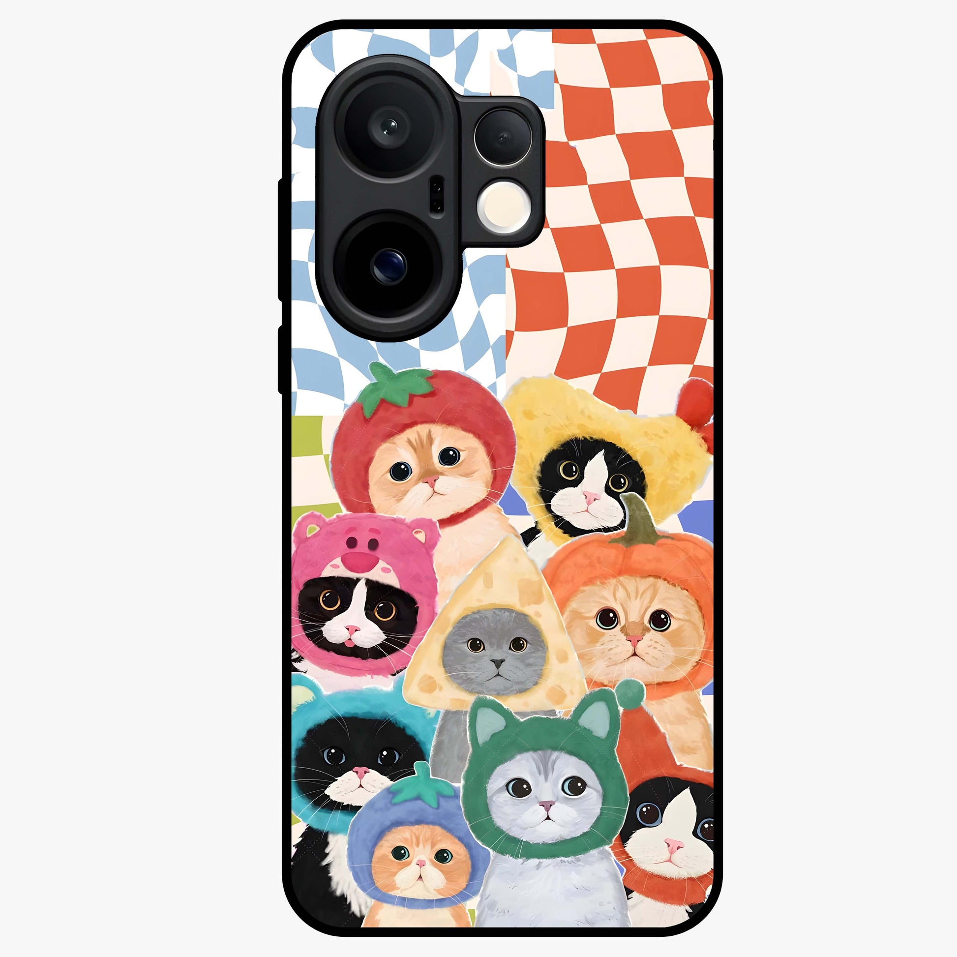 Cats in Fruits Glass Case showing flat back view with playful cat illustrations inside fruit artwork and glossy glass finish.