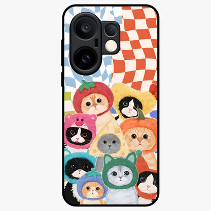 Cats in Fruits Glass Case showing flat back view with playful cat illustrations inside fruit artwork and glossy glass finish.