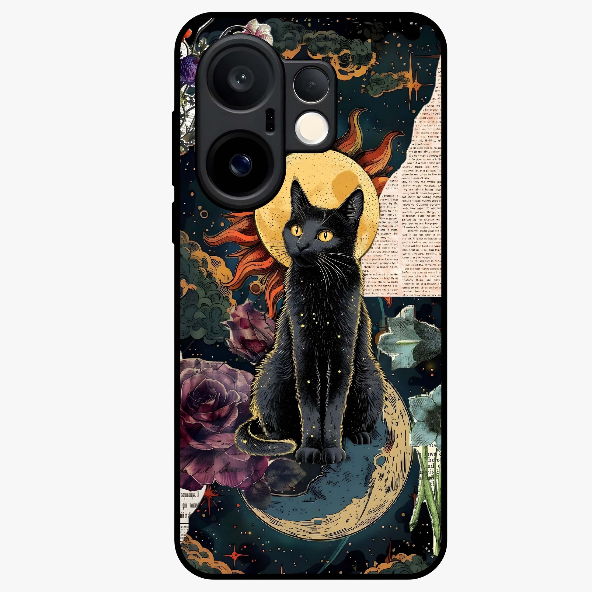 Celestial Black Cat Glass Case showing flat back view with mystical black cat artwork and glossy glass finish.