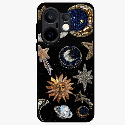Celestial Gem Constellations Glass Case showing flat back view with sparkling constellation artwork and glossy glass finish.