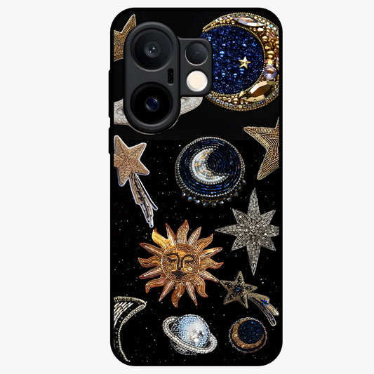 Celestial Gem Constellations Glass Case showing flat back view with sparkling constellation artwork and glossy glass finish.