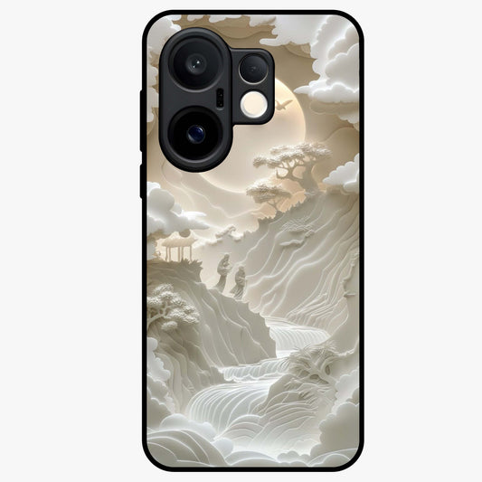 Celestial Origami Glass Case showing flat back view with artistic origami inspired celestial artwork and glossy glass finish.