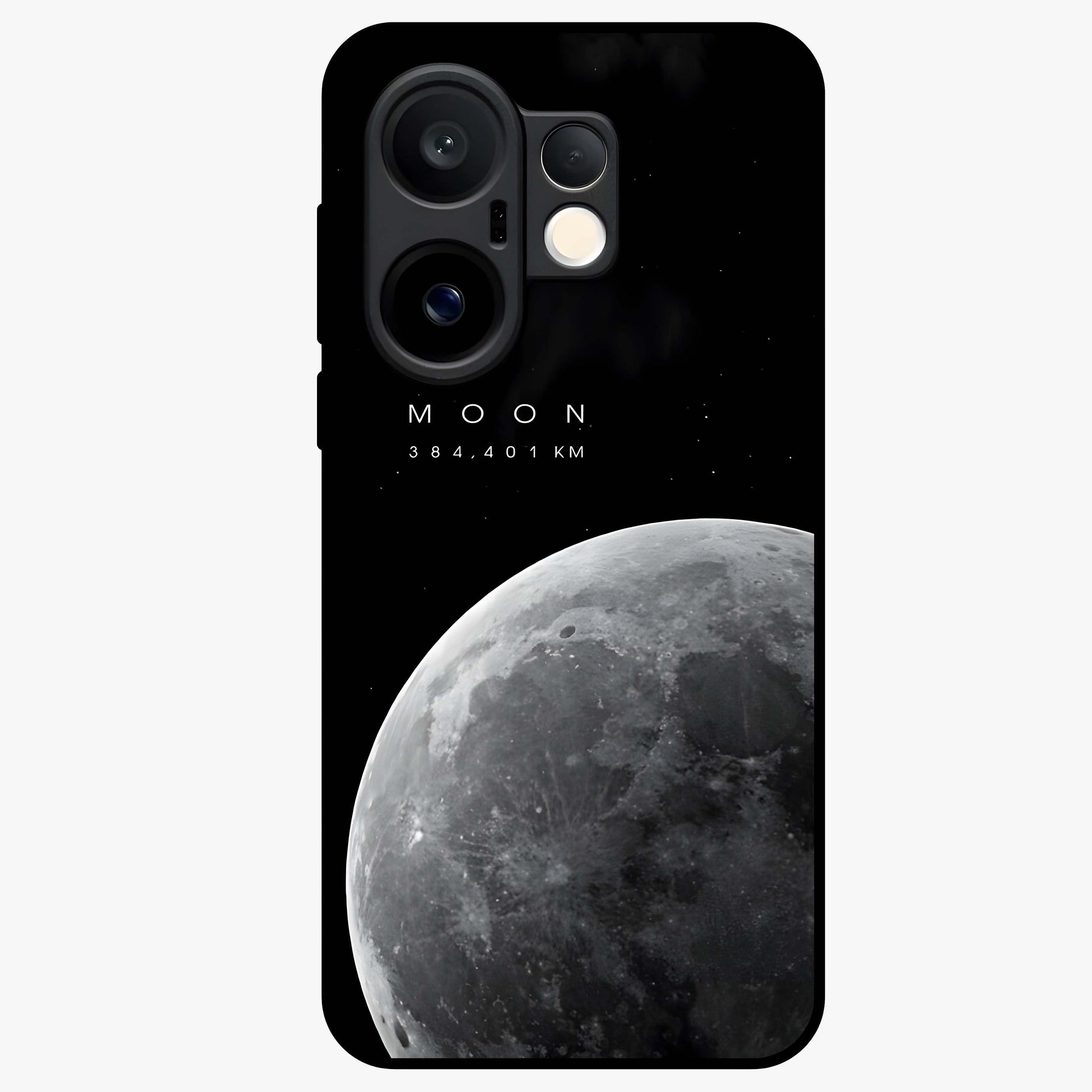Cosmic Moon Glow Glass Case showing flat back view with glowing moon artwork and glossy glass finish.