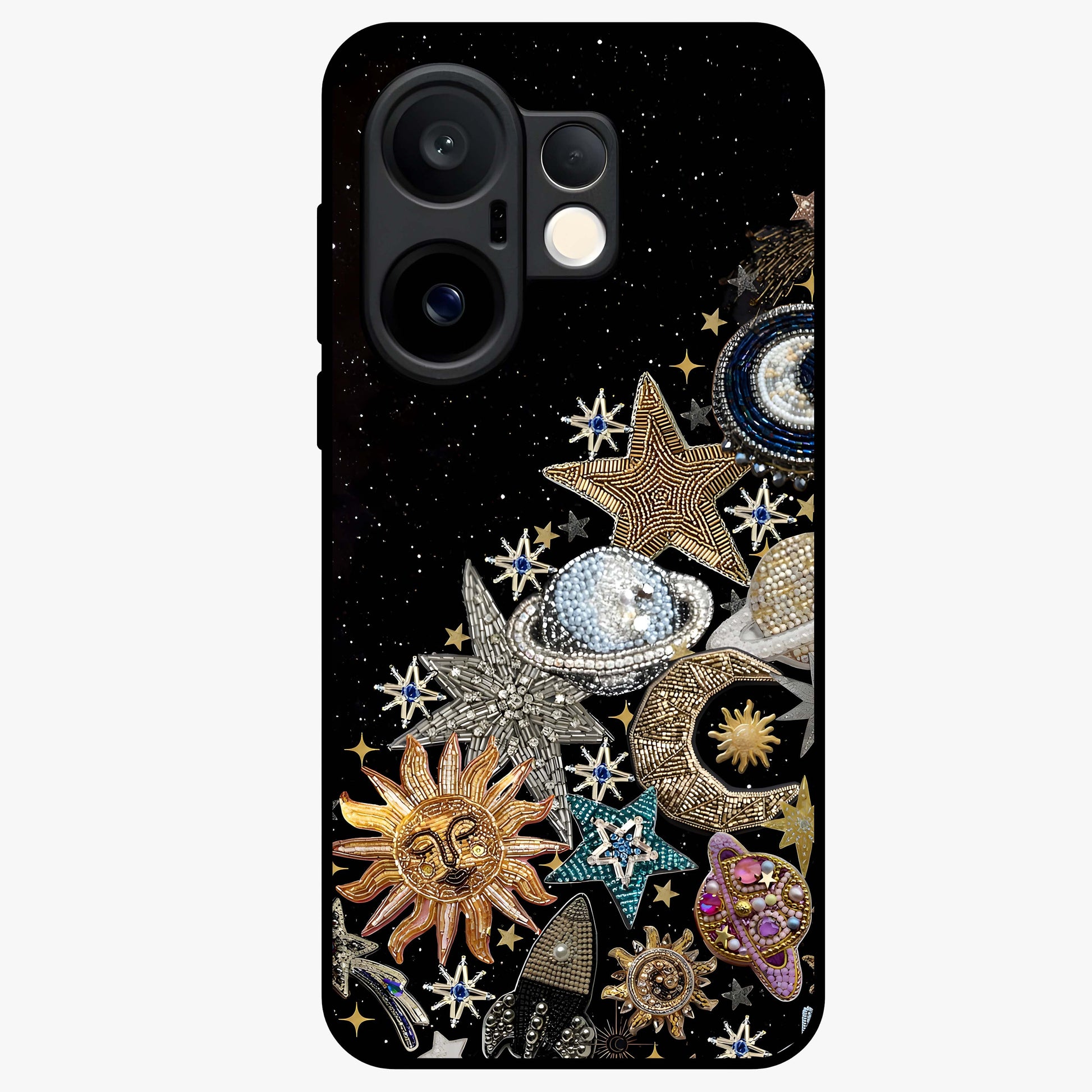 Cosmic Sparkle Dreams Glass Case showing flat back view with sparkling cosmic artwork and glossy glass finish.