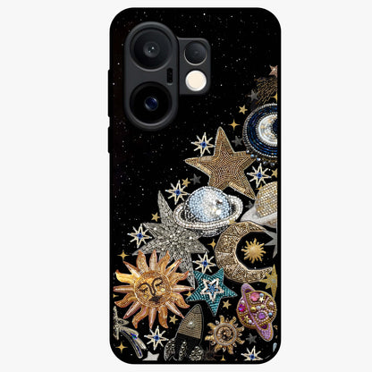 Cosmic Sparkle Dreams Glass Case showing flat back view with sparkling cosmic artwork and glossy glass finish.