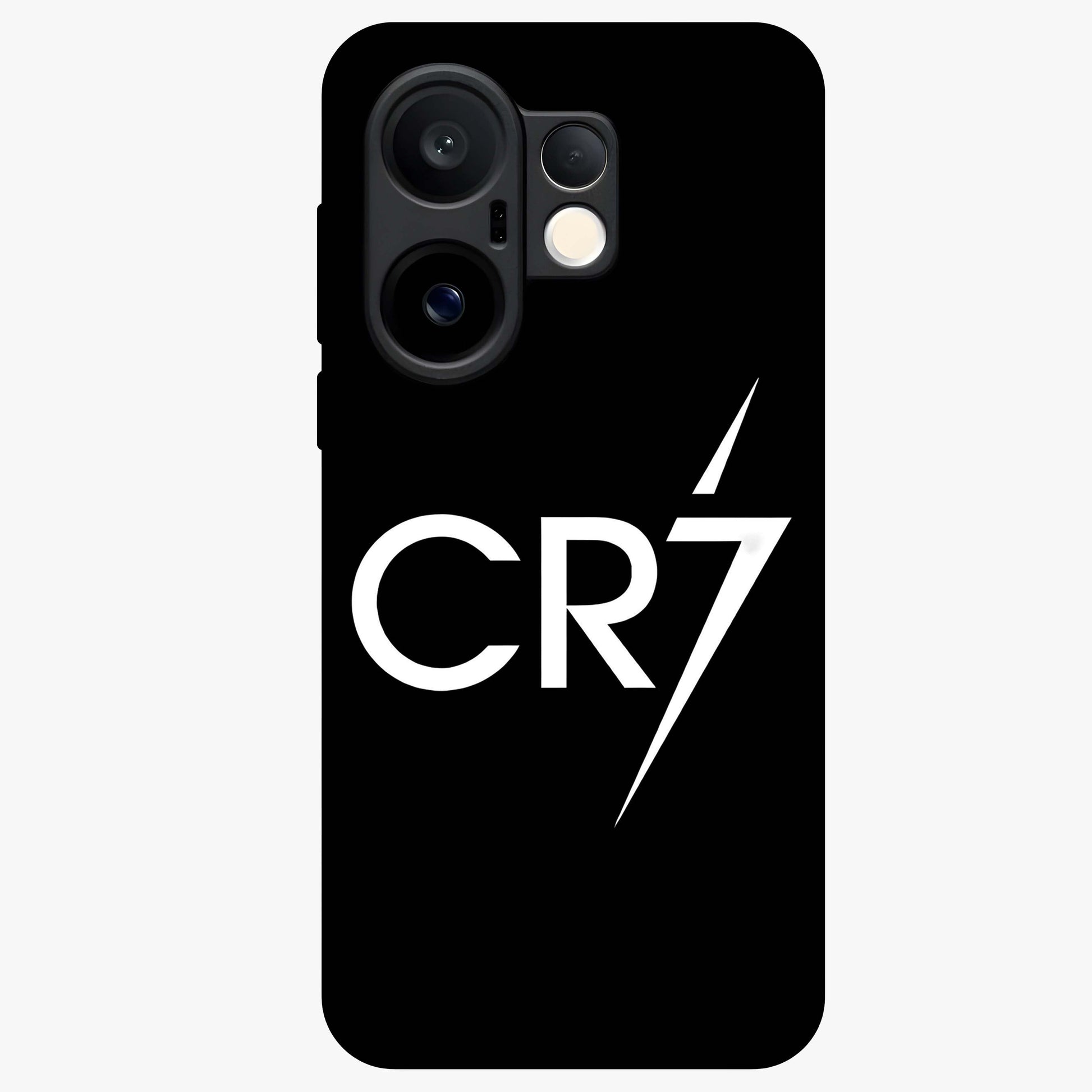 Cr7 Elite Strike Glass Case showing flat back view with dynamic football inspired artwork and glossy glass finish.