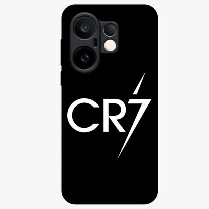 Cr7 Elite Strike Glass Case showing flat back view with dynamic football inspired artwork and glossy glass finish.