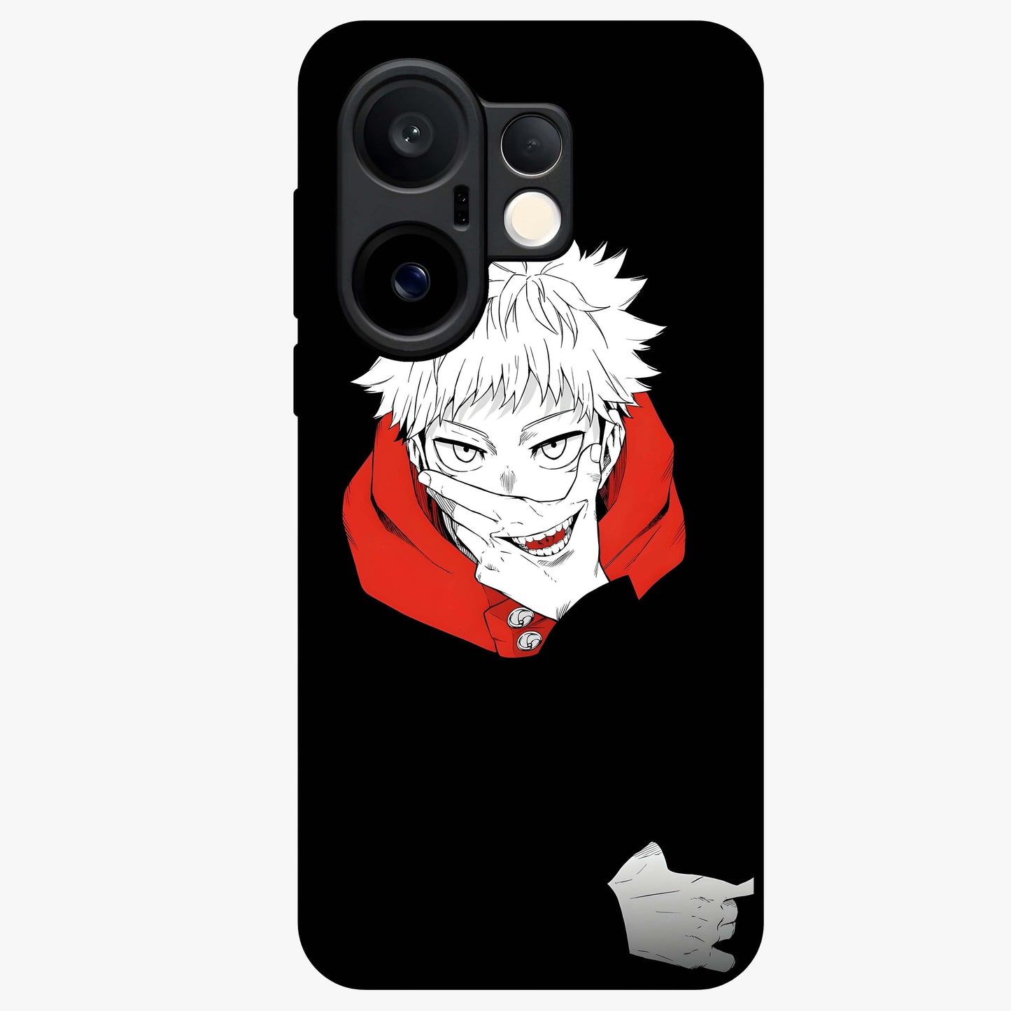 Crimson Chaos Smile Glass Case showing flat back view with bold chaotic smile artwork and glossy glass finish.