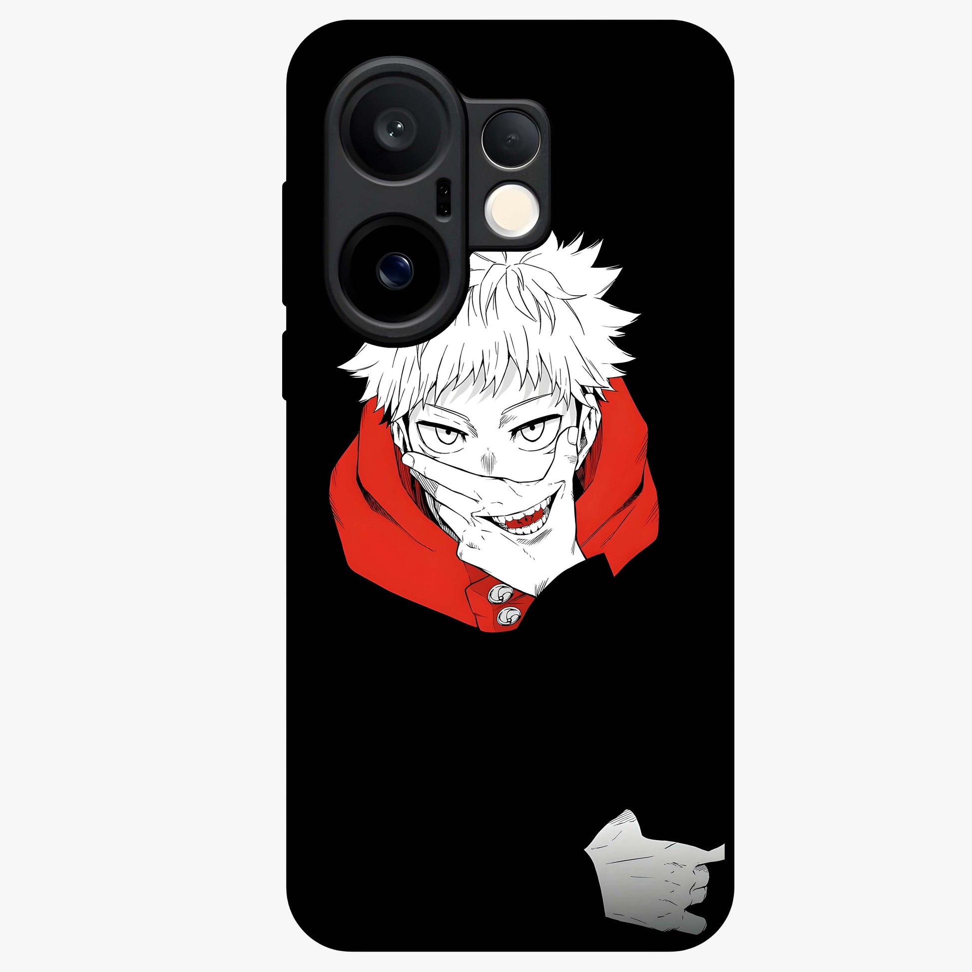 Crimson Chaos Smile Glass Case showing flat back view with bold chaotic smile artwork and glossy glass finish.