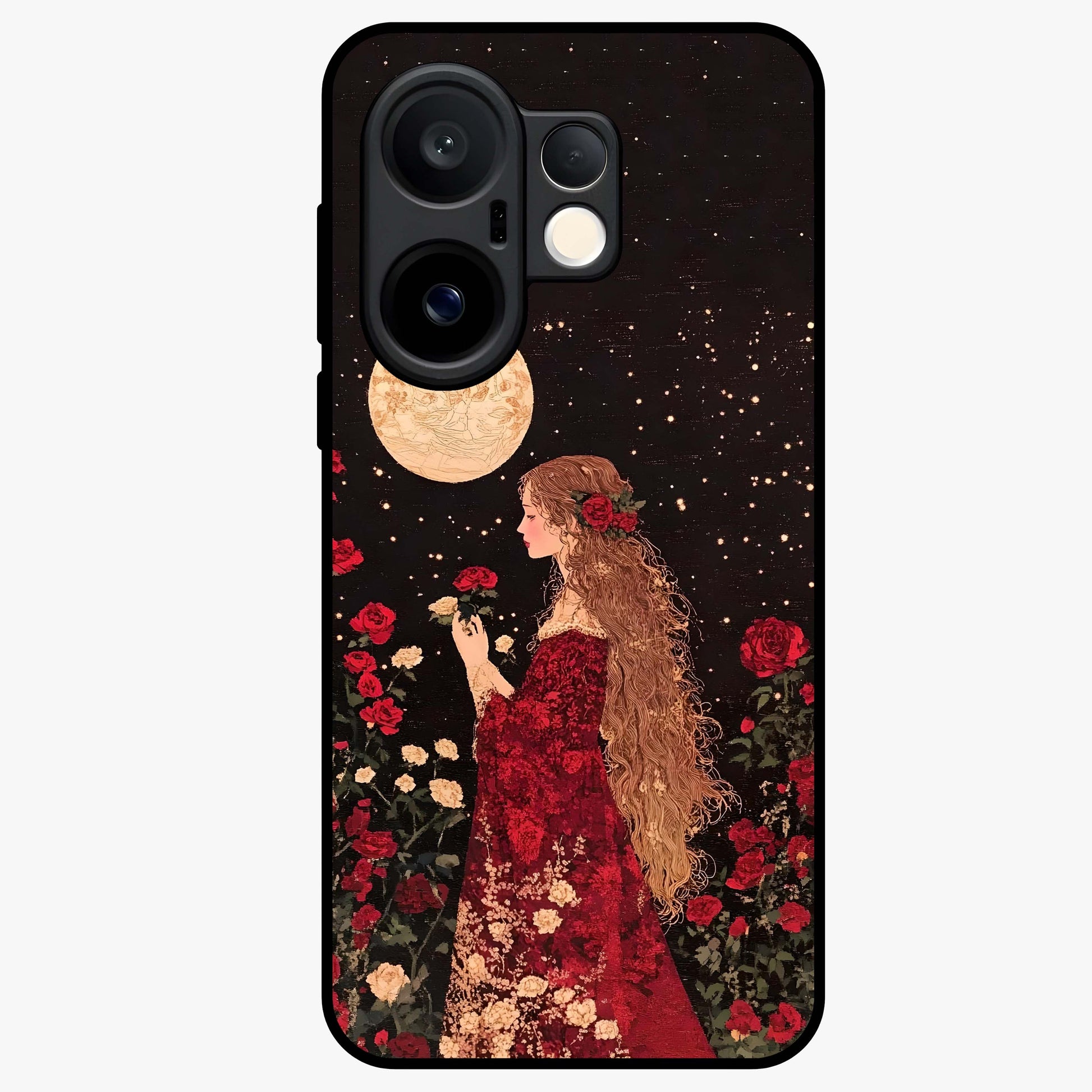 Crimson Dreams Glass Case showing flat back view with dreamy crimson artwork and glossy glass finish.