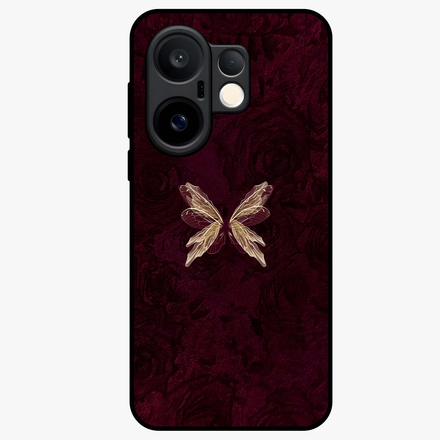 Crimson Fade Butterfly Glass Case showing flat back view with fading butterfly artwork and glossy glass finish.