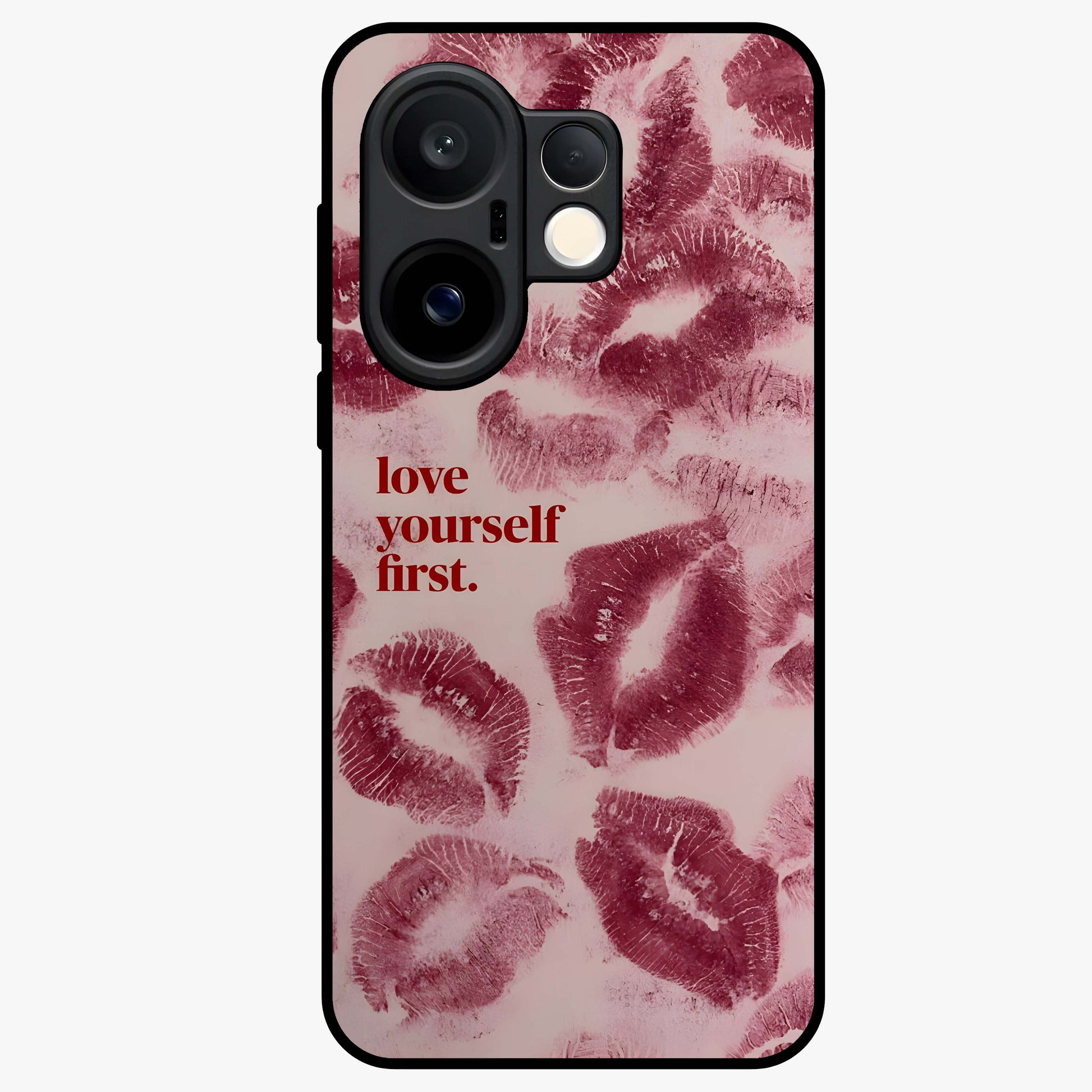 Crimson Kiss Love Glass Case showing flat back view with romantic crimson themed artwork and glossy glass finish.