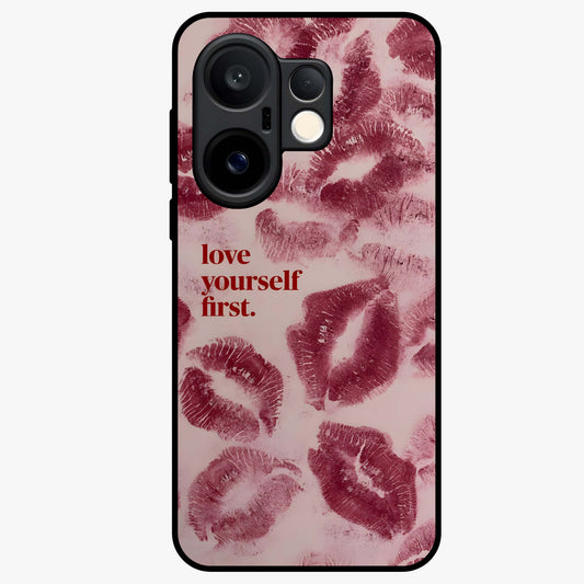 Crimson Kiss Love Glass Case showing flat back view with romantic crimson themed artwork and glossy glass finish.