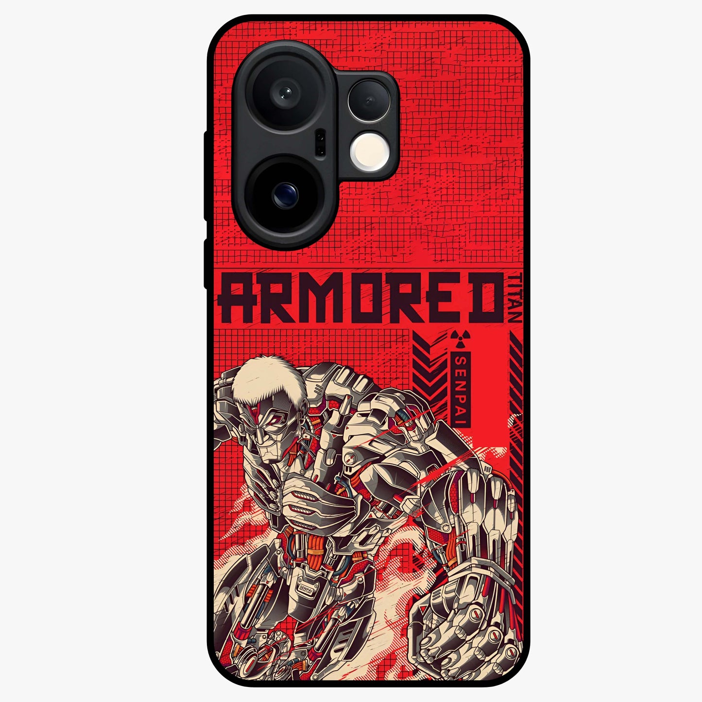Crimson Mecha Titan Glass Case showing flat back view with powerful mech titan artwork and glossy glass finish.