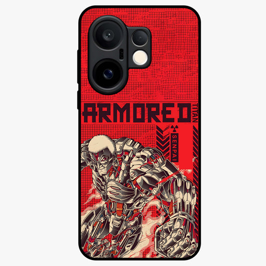 Crimson Mecha Titan Glass Case showing flat back view with powerful mech titan artwork and glossy glass finish.