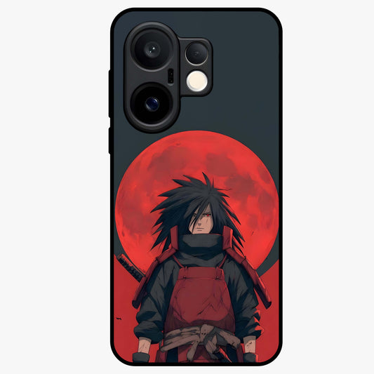 Crimson Moon Warlord Glass Case showing flat back view with mystical moon warrior artwork and glossy glass finish.