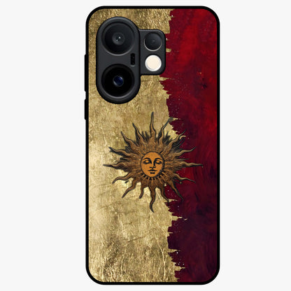 Crimson Sun Majesty Glass Case showing flat back view with radiant sun inspired artwork and glossy glass finish.