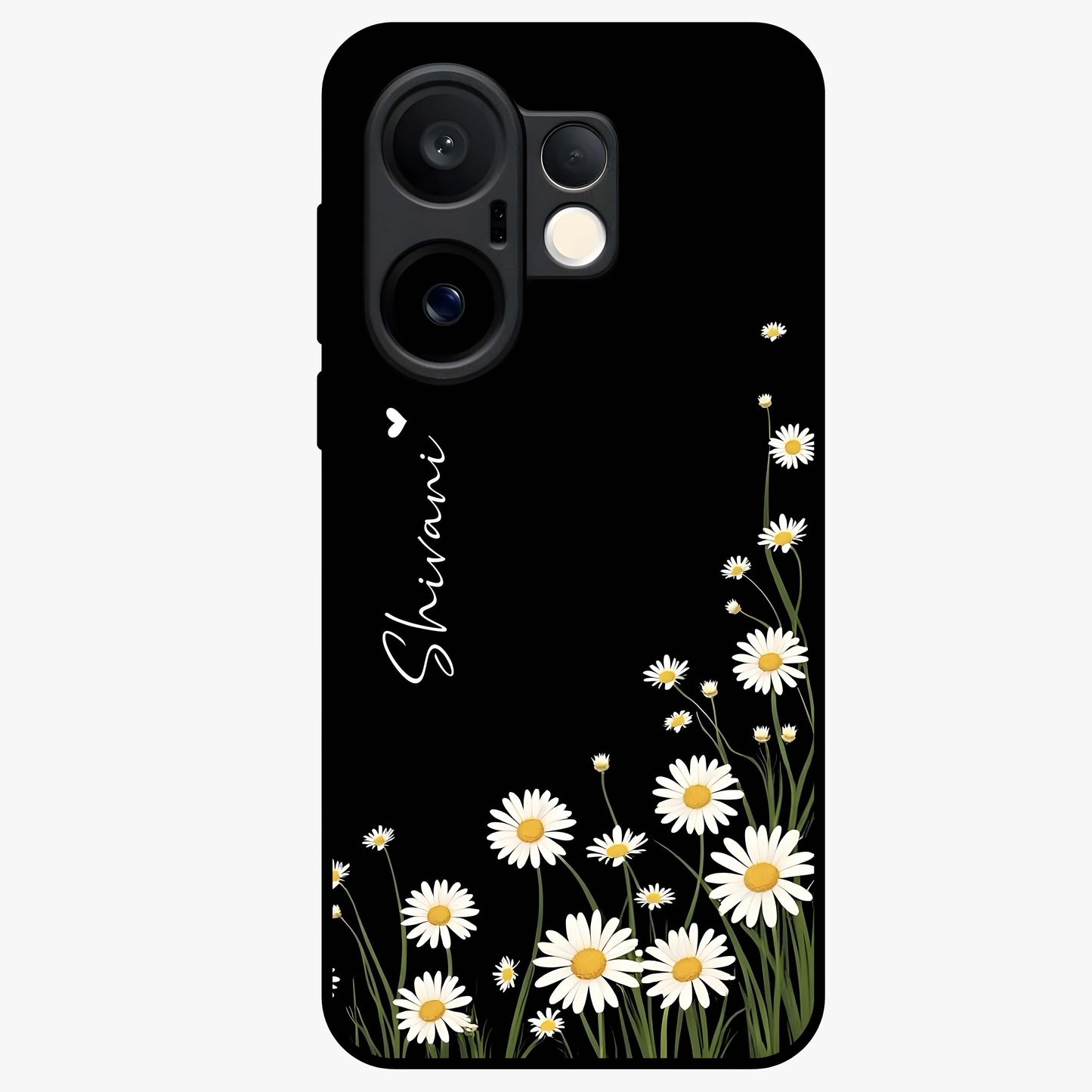 Daisy Cascade Custom Name Glass Case showing flat back view with cascading daisy flowers and personalized name design.