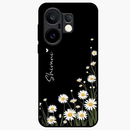 Daisy Cascade Custom Name Glass Case showing flat back view with cascading daisy flowers and personalized name design.
