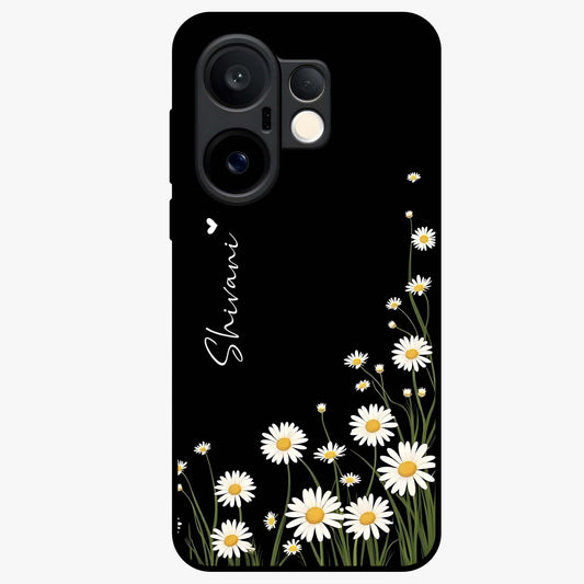 Daisy Cascade Custom Name Glass Case showing flat back view with cascading daisy flowers and personalized name design.