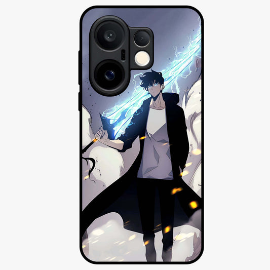 Dark Lightning Anime Warrior Glass Case showing flat back view with intense anime warrior artwork and glossy glass finish.