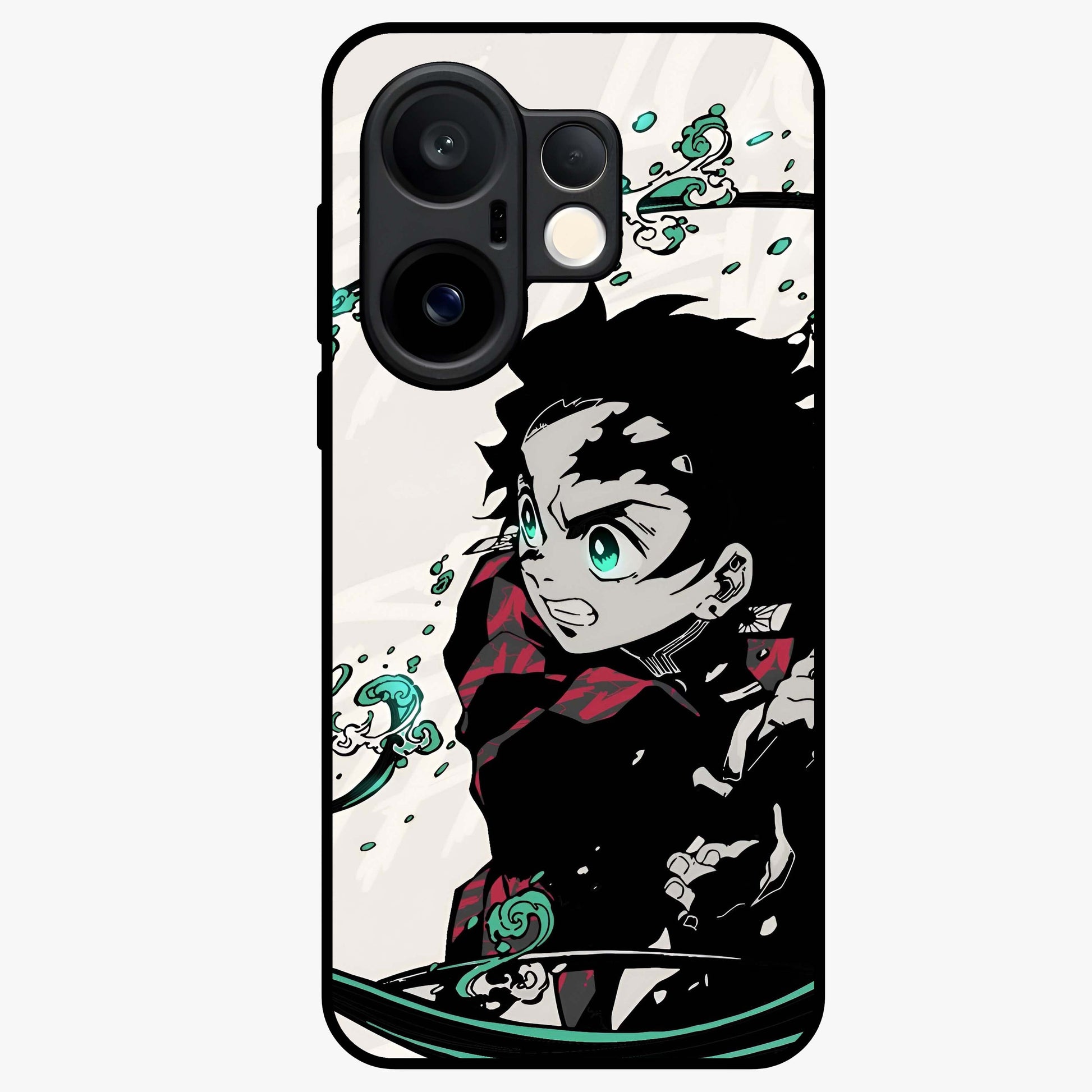 Demon Slayer Glass Case showing flat back view with bold anime inspired artwork and glossy glass finish.