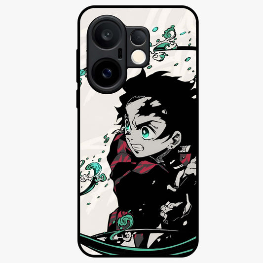 Demon Slayer Glass Case showing flat back view with bold anime inspired artwork and glossy glass finish.