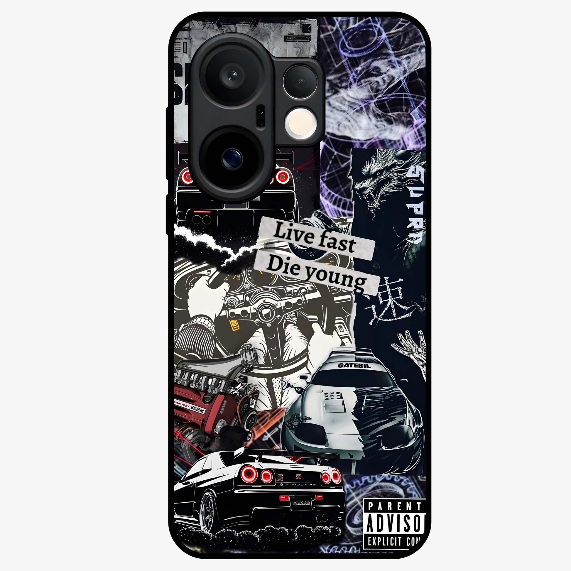 Die Young Glass Case showing flat back view with bold artistic typography design and glossy glass finish.