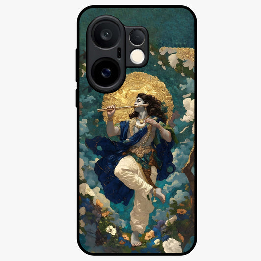 Divine Krishna Art Glass Case showing flat back view with Lord Krishna artwork and glossy glass finish.