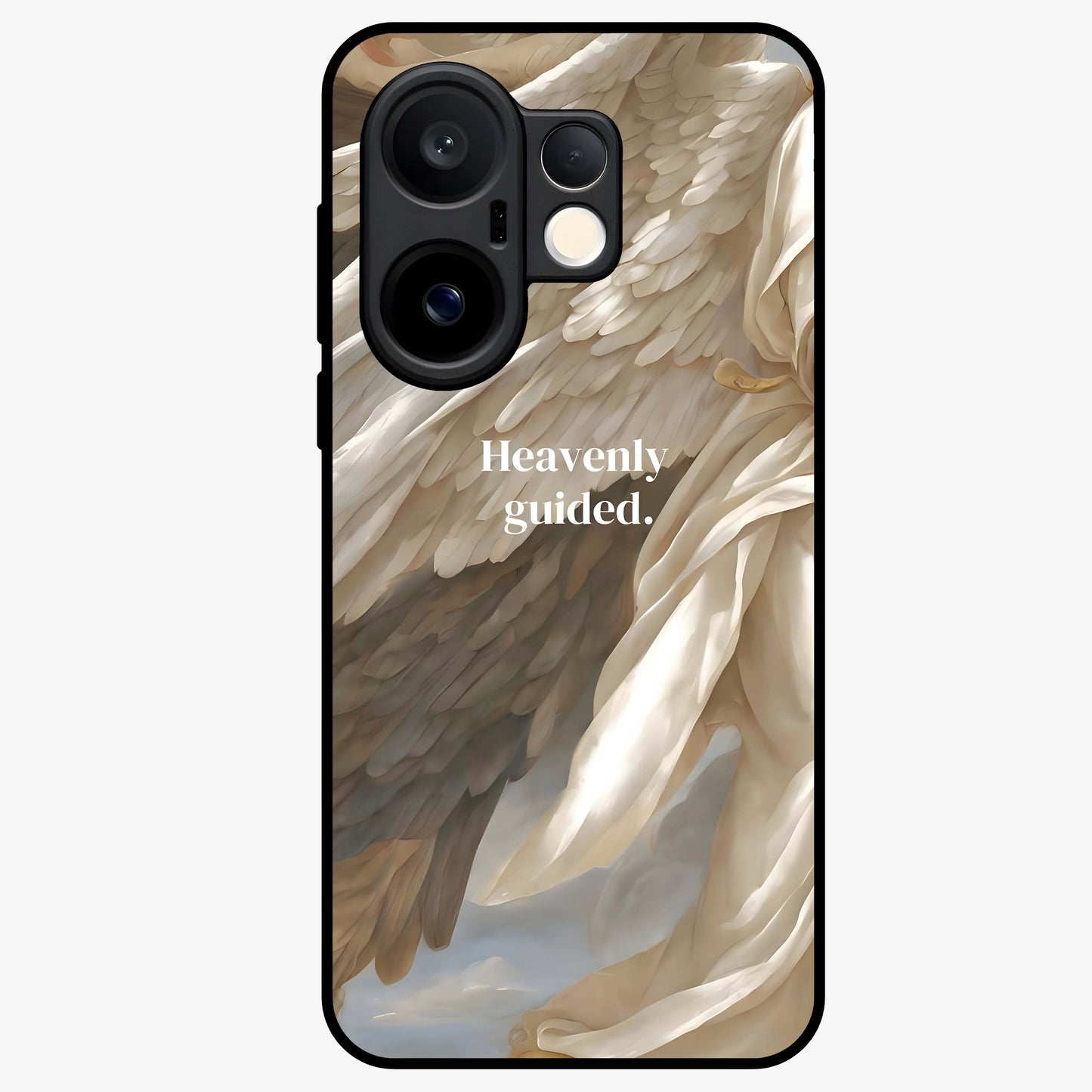 Divine Winged Grace Glass Case showing flat back view with elegant wing inspired artwork and glossy glass finish.