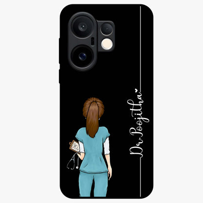 Doctor Pattern Custom Name Glass Case showing flat back view with medical themed pattern and personalized name design.