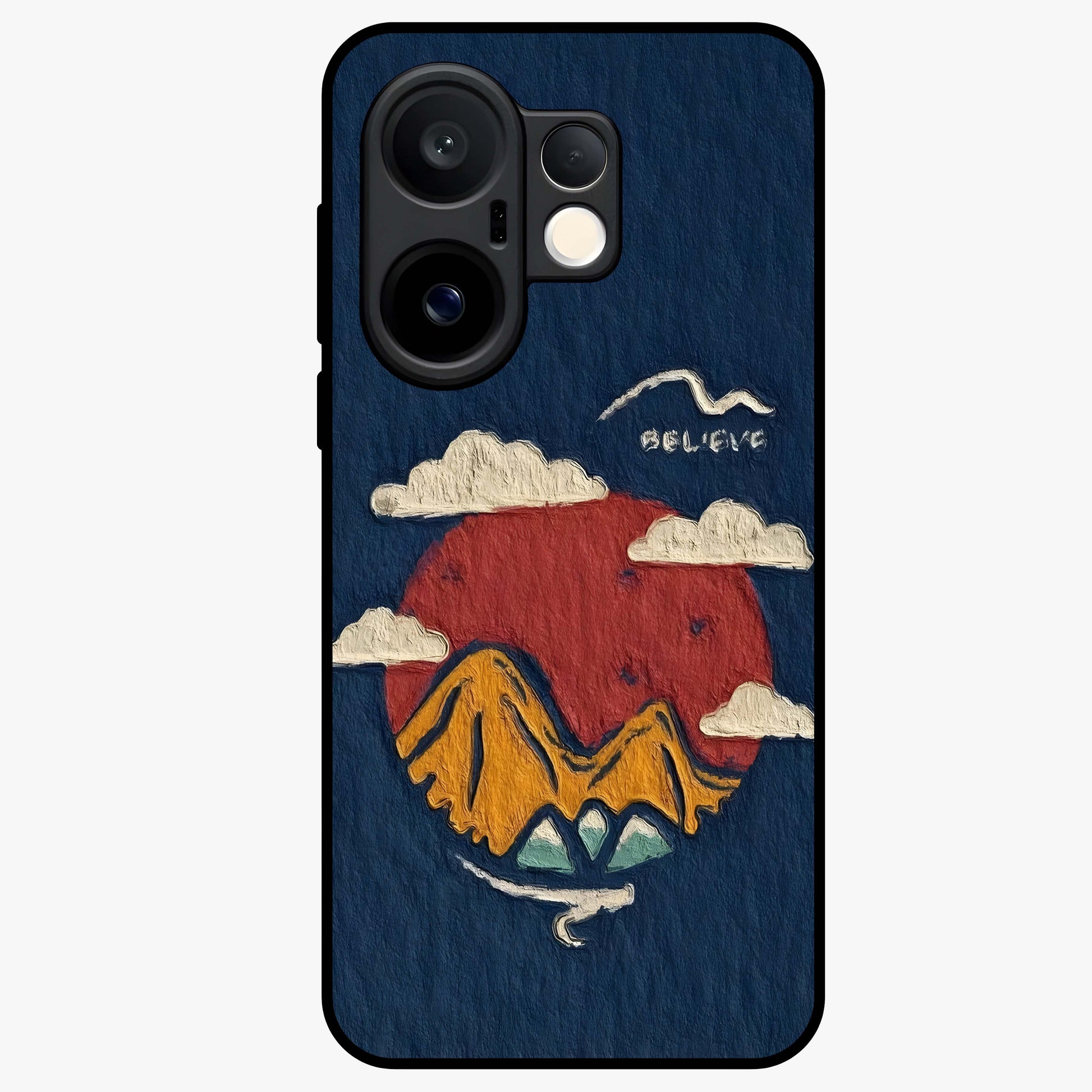Dream Beyond Mountains Glass Case showing flat back view with scenic mountain landscape artwork and glossy glass finish.