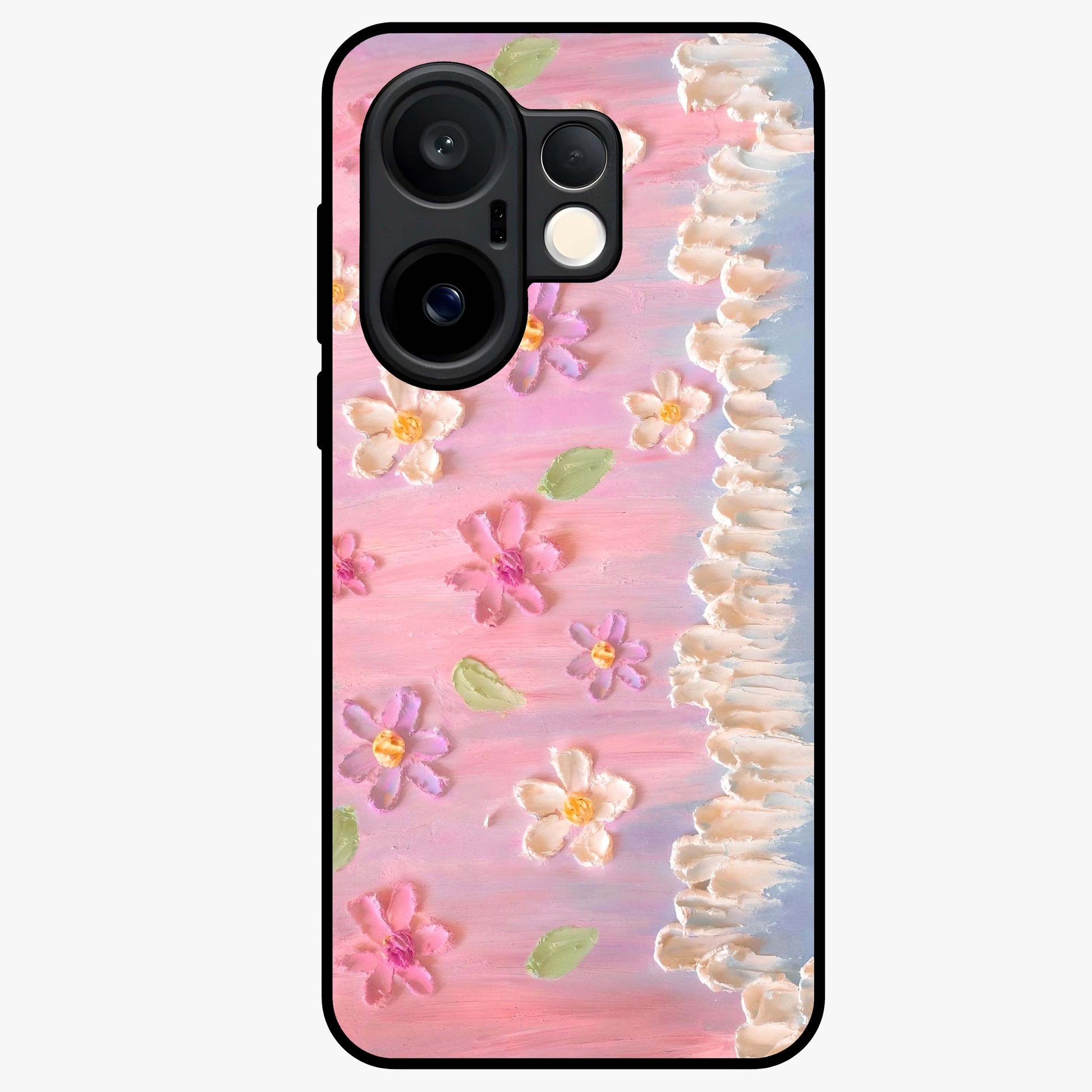 Dreamy Painted Garden Glass Case showing flat back view with artistic painted floral garden artwork and glossy glass finish.