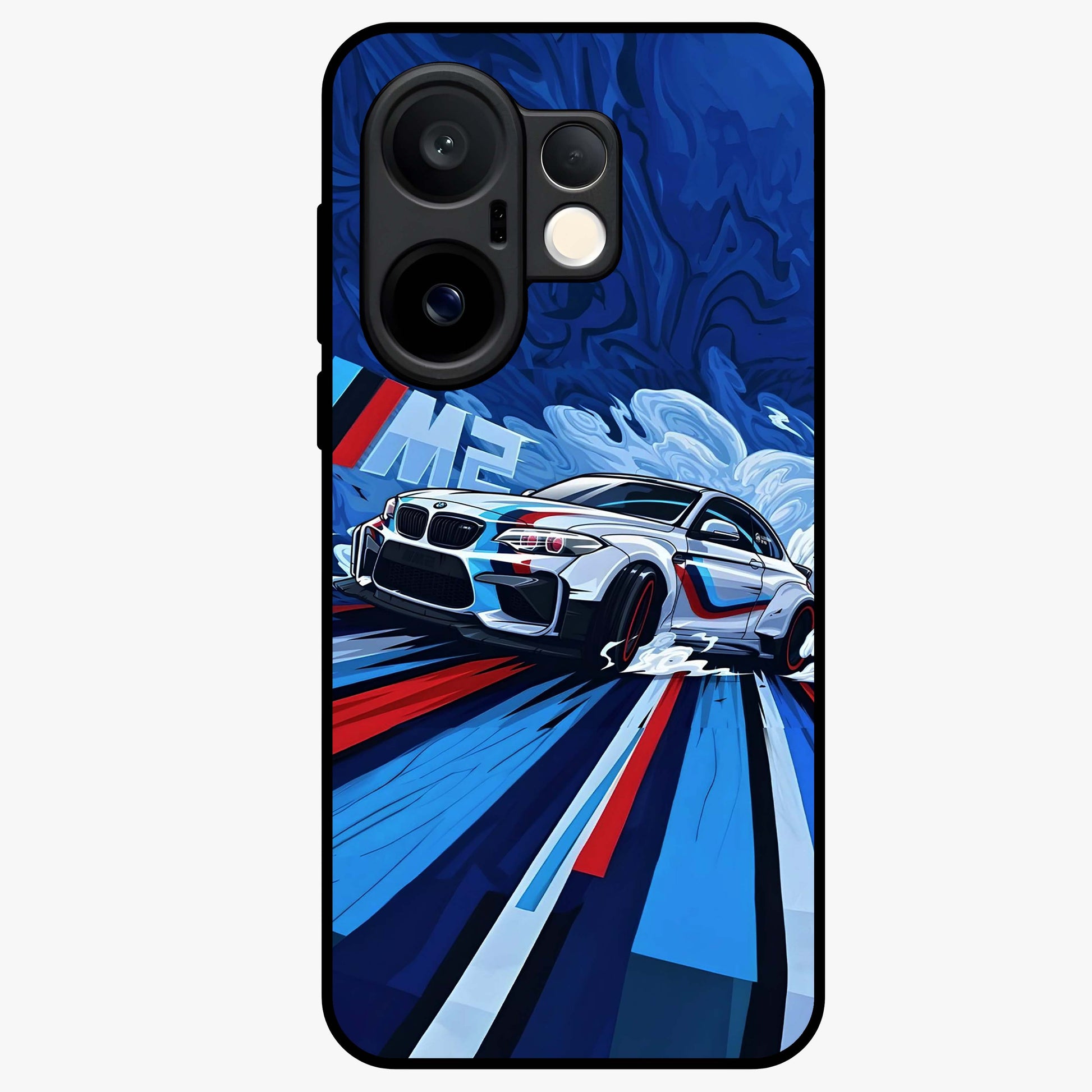 Drift Power Rush Glass Case showing flat back view with dynamic racing inspired artwork and glossy glass finish.