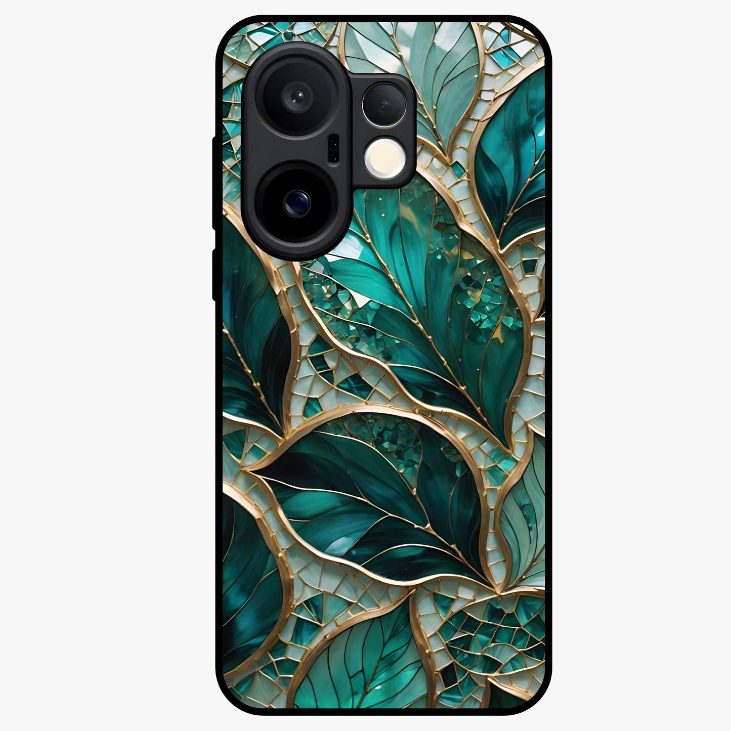 Emerald Leaf Glass Glass Case showing flat back view with emerald green leaf artwork and glossy glass finish.