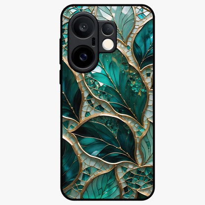 Emerald Leaf Glass Glass Case showing flat back view with emerald green leaf artwork and glossy glass finish.